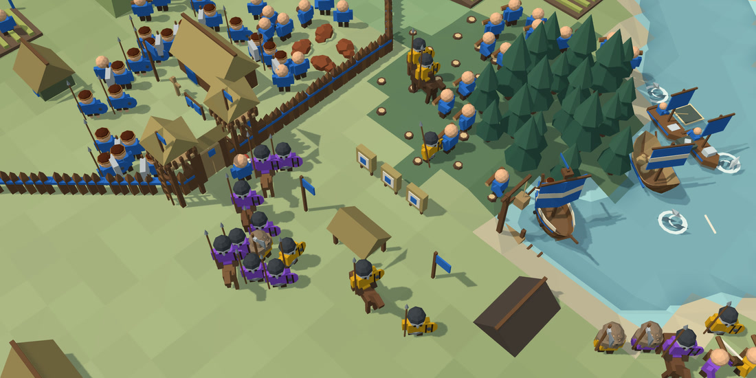 Yellow and purple Danes attack the palisade, with a ram at the gate and more rams on the way.