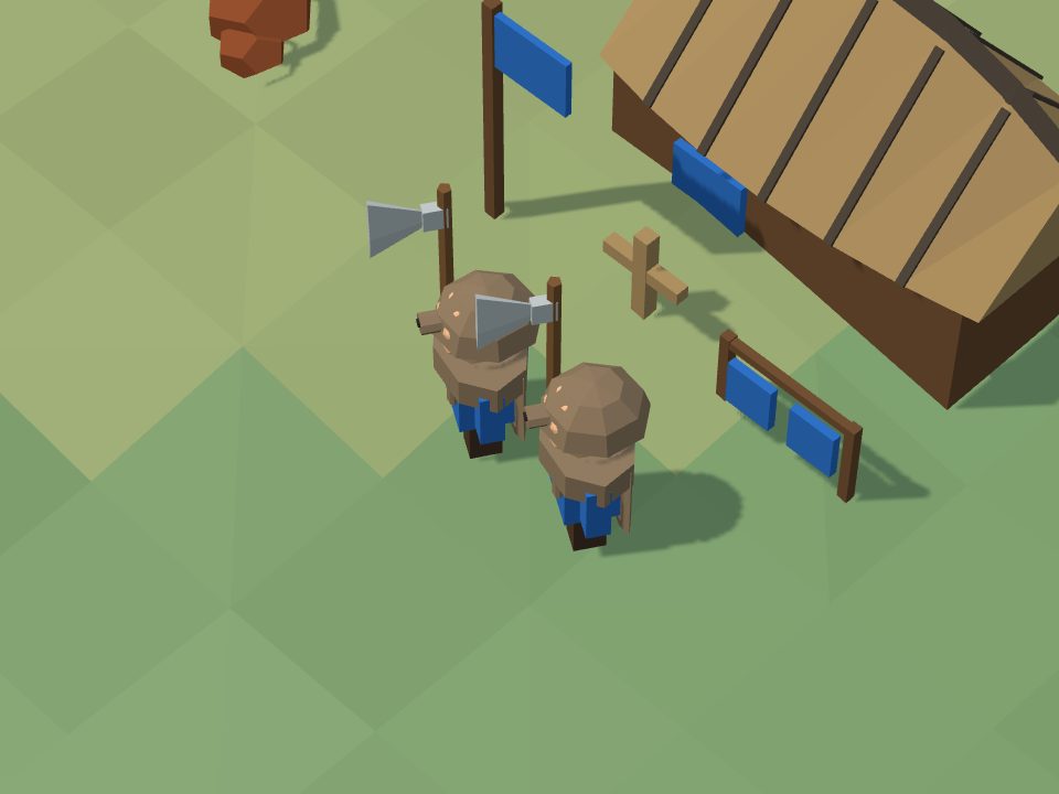 Two berserkers on the grass, in a bearskin with the bear's head on top, each with a big axe. At the top right stands a building with a curved roof of planks.