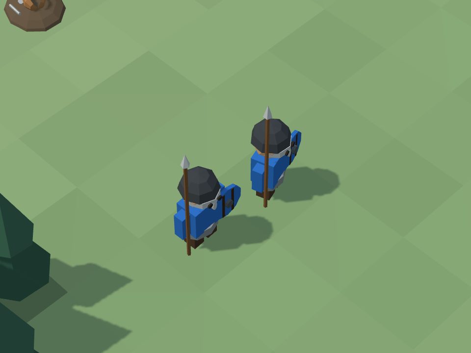 Two hirdmen on the grass, each with a spear, a dark iron helmet with a light band around the eyes, and a round blue shield of planks. A pine tree stands on the left.