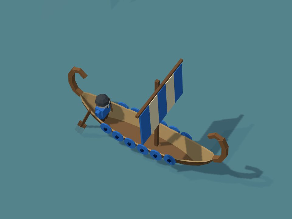 A longship at sea, seen from above: a long, low hull with a curved prow at both ends, a blue sail with light stripes, a row of round blue shields along the sides, and a man in an iron helmet on board.
