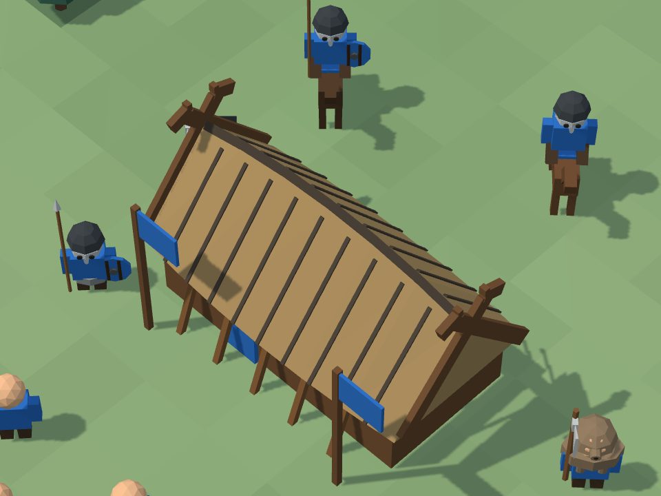 A Danish hall in the Kings' Age: a longhouse under a curved roof of planks, with crossed beams on both ridge ends and blue flags. Around the hall stand spearbearers with a dark iron helmet and a round shield, two horsemen, and a berserker in a bearskin.