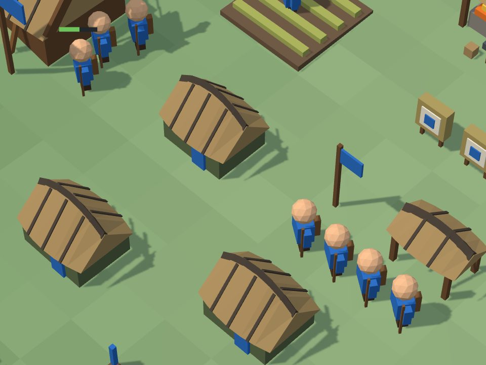 A Danish village: three houses with a curved roof of planks, on the right an open shed with a curved roof and a shooting range, and four villagers in blue.