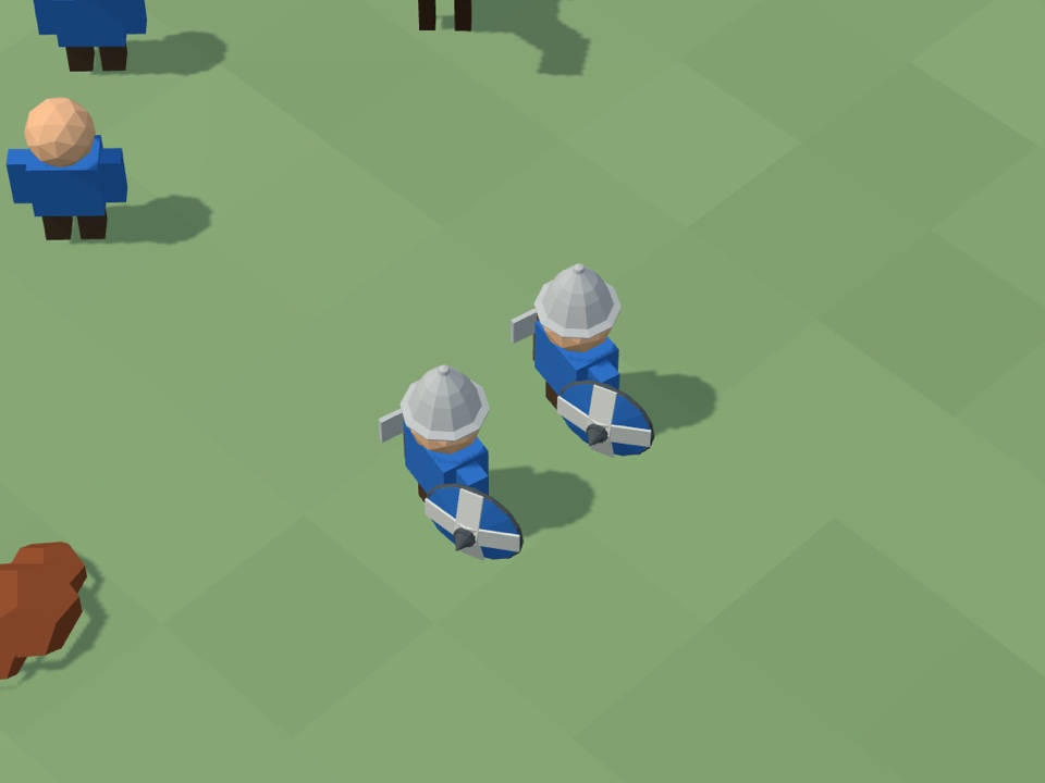 Two axe throwers with a gray pointed helmet with a narrow brim and a large domed blue shield with a cross of light bands and a pointed boss. A villager without a helmet stands on the left.
