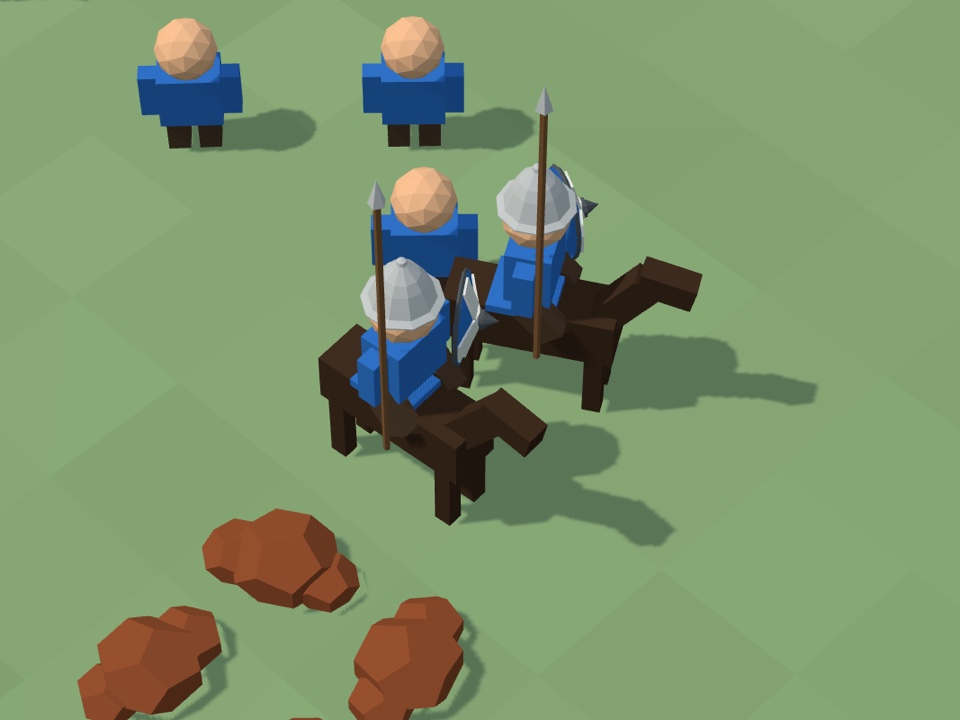 Two scaras on dark horses, each with a spear, a gray pointed helmet with a narrow brim, and a large domed blue shield. Three villagers without helmets stand behind them.