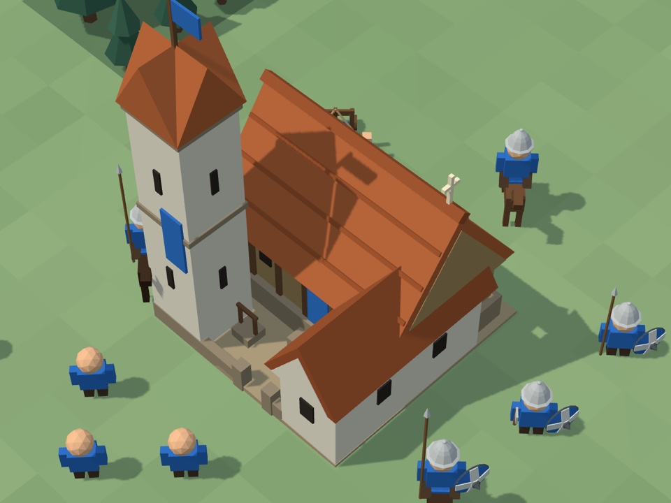 A Frankish hall in the Kings' Age: a long house with a steep roof of red tiles and a cross on the ridge, next to a stone tower with a blue banner. Villagers, a horseman, and spearbearers with a conical helmet and a domed shield stand around the hall.