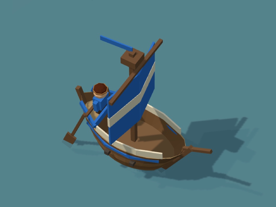 A Frisian cog at sea, seen from above: a blue sail with a light band of linen across it, a linen screen along both sides, and a man on the stern deck.