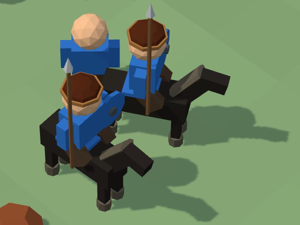 Two Frisian riders on black horses, each with a spear, a leather cap, and a round blue shield. A villager stands behind them.