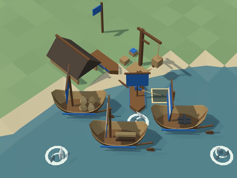 Three hulks at the wharf, loaded with sacks of food, a stack of wood and bars of iron.