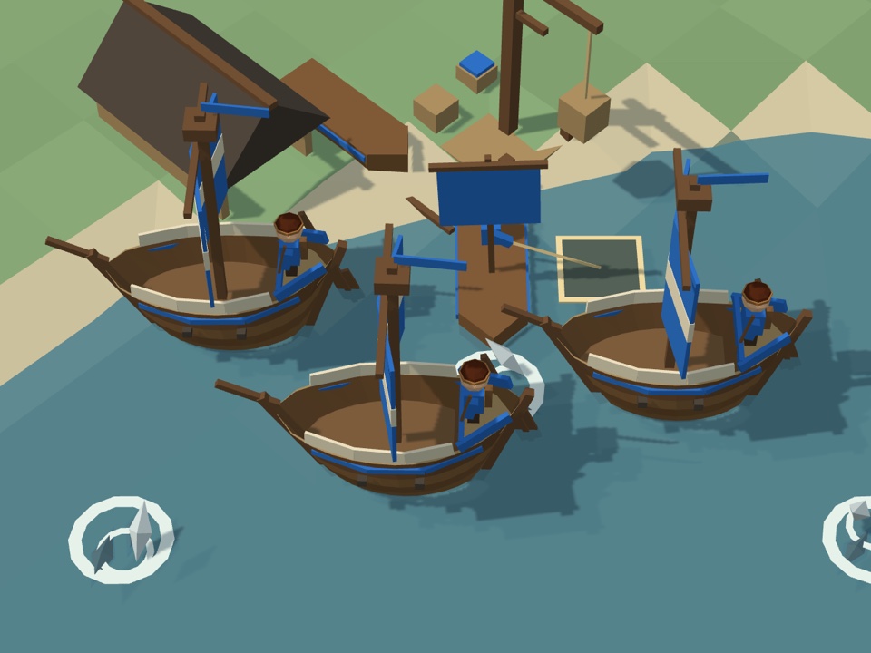 Three Frisian cogs at the wharf, each with a screen of light linen along its sides, a light band of linen in its blue sail, and a man in a leather cap on the stern deck.