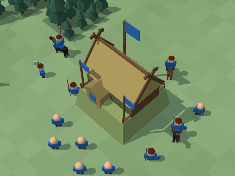 A hall with a thatched roof and blue flags on a high grassy terp. Six villagers stand in front of it, and around it are two tidewalkers, two Frisian riders, an axe warrior, and a scout on horseback, all in leather caps, and a bowman without a cap.