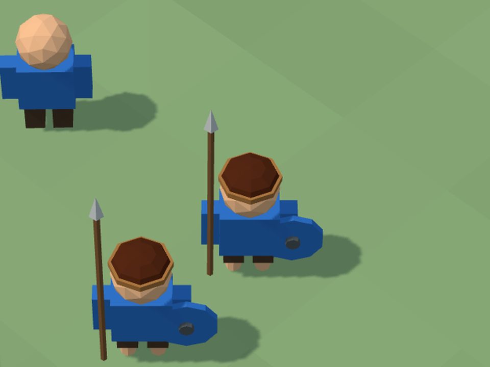 Two tidewalkers on the grass, each with a spear, a dark leather cap with a light band, and a round blue shield with a boss. A villager without a cap stands at the top left.