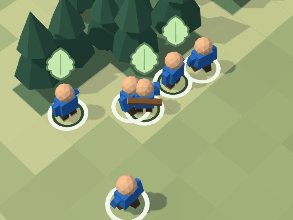 Six villagers by a pine forest. Above three of them, who stand next to a tree, hangs a light leaf, and a dark green ring lies around them.