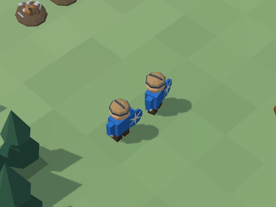 Two seax fighters on the grass, with a leather cap with a band and a round blue shield with a light sun wheel. Pine trees stand on the left.