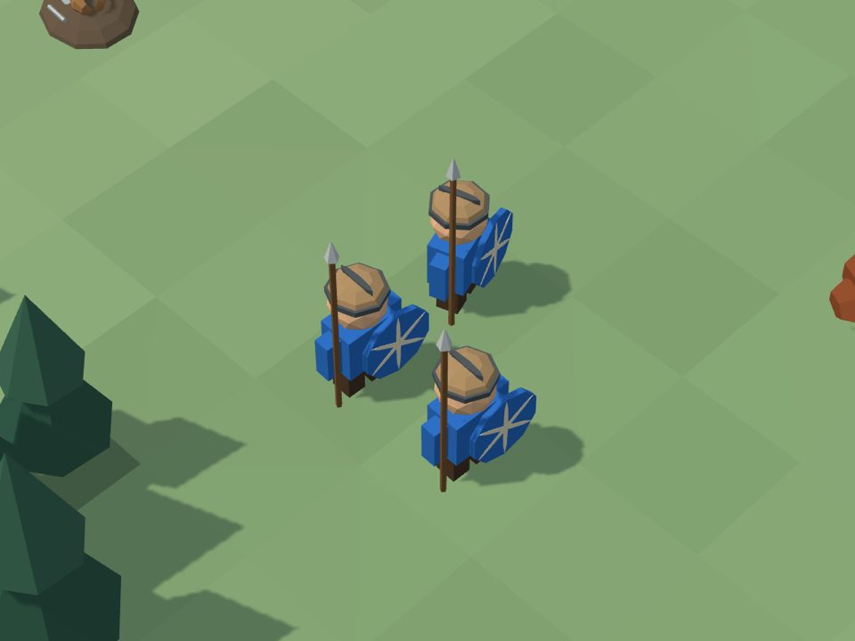 Three shield guards on the grass, each with a spear, a leather cap with a band, and a round blue shield with a light sun wheel. Pine trees stand on the left.