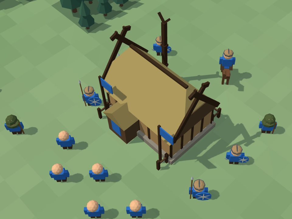 A Saxon hall in the Kings' Age: a hall of heavy oak posts on a stone base, under a thatched roof with crossed beams on the ridge and blue flags. Around the hall stand villagers, spearbearers with a round shield, woodland archers in green, and a horseman.
