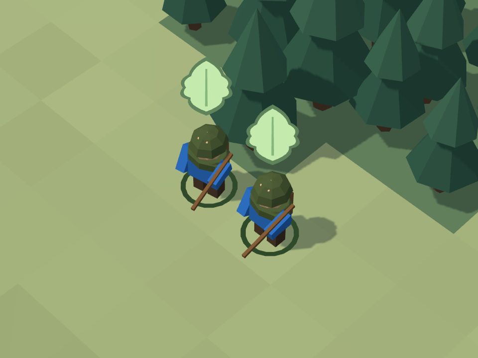 Two woodland archers with a dark green hood and a bow, at the edge of a pine forest. A light leaf hangs above each, and a dark green ring lies below each.