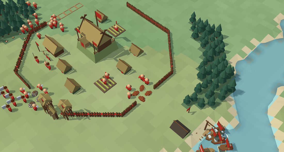 A village by the water with red banners: fields, houses, a wooden palisade and ships on the shore.